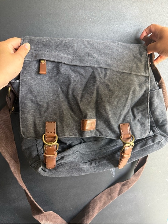 Handbags - Canvas Messenger Bag with Brown Trim - Charcoal